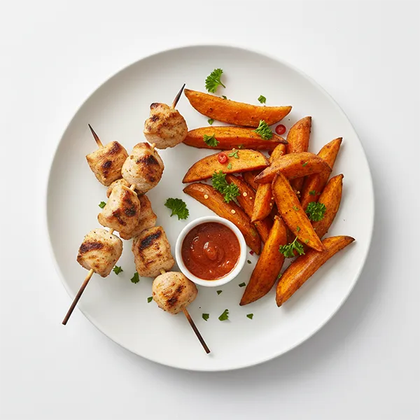 Creole Chicken Skewers with Sweet Potato Wedges